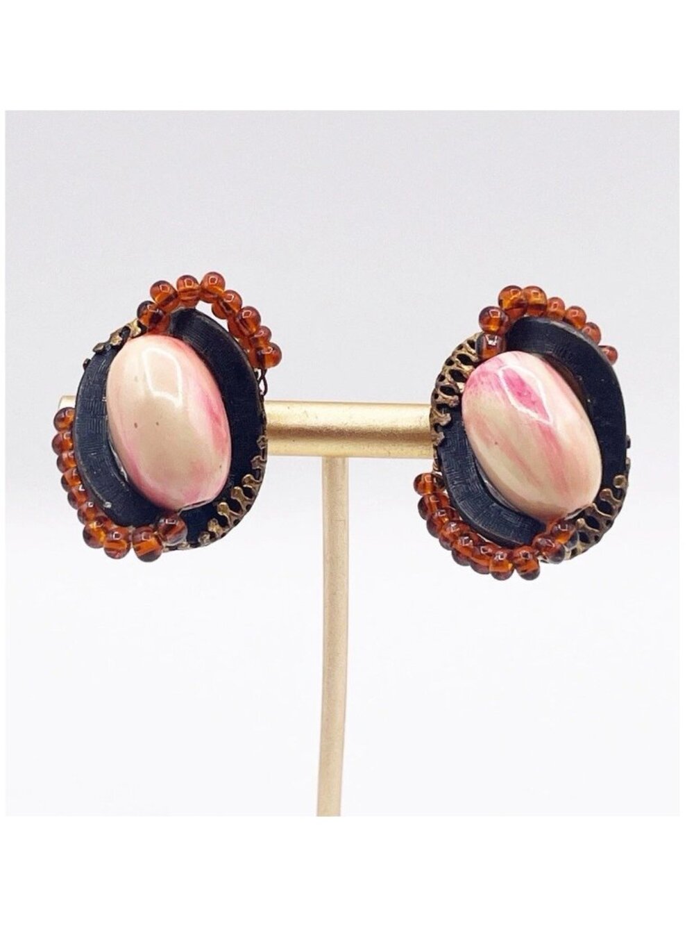 Vintage Hobe Clip On Earrings Pink Marbled Cabochon Amber Glass Beaded Floral